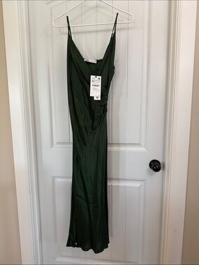 Zara Dark Green Satin Maxi Slip Dress with Spaghetti Straps